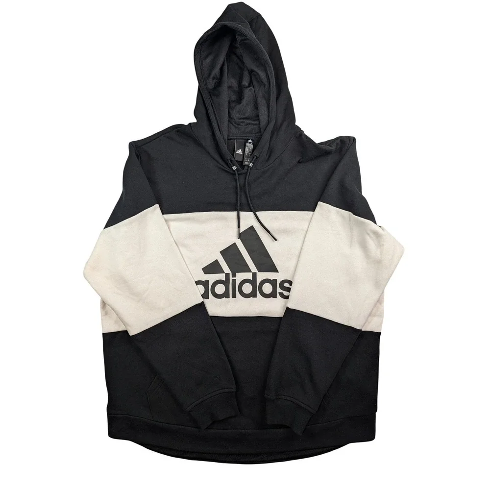 Adidas Mens‎ Colorblock Pullover Hoodie Black White Logo Fleece XL FN6373